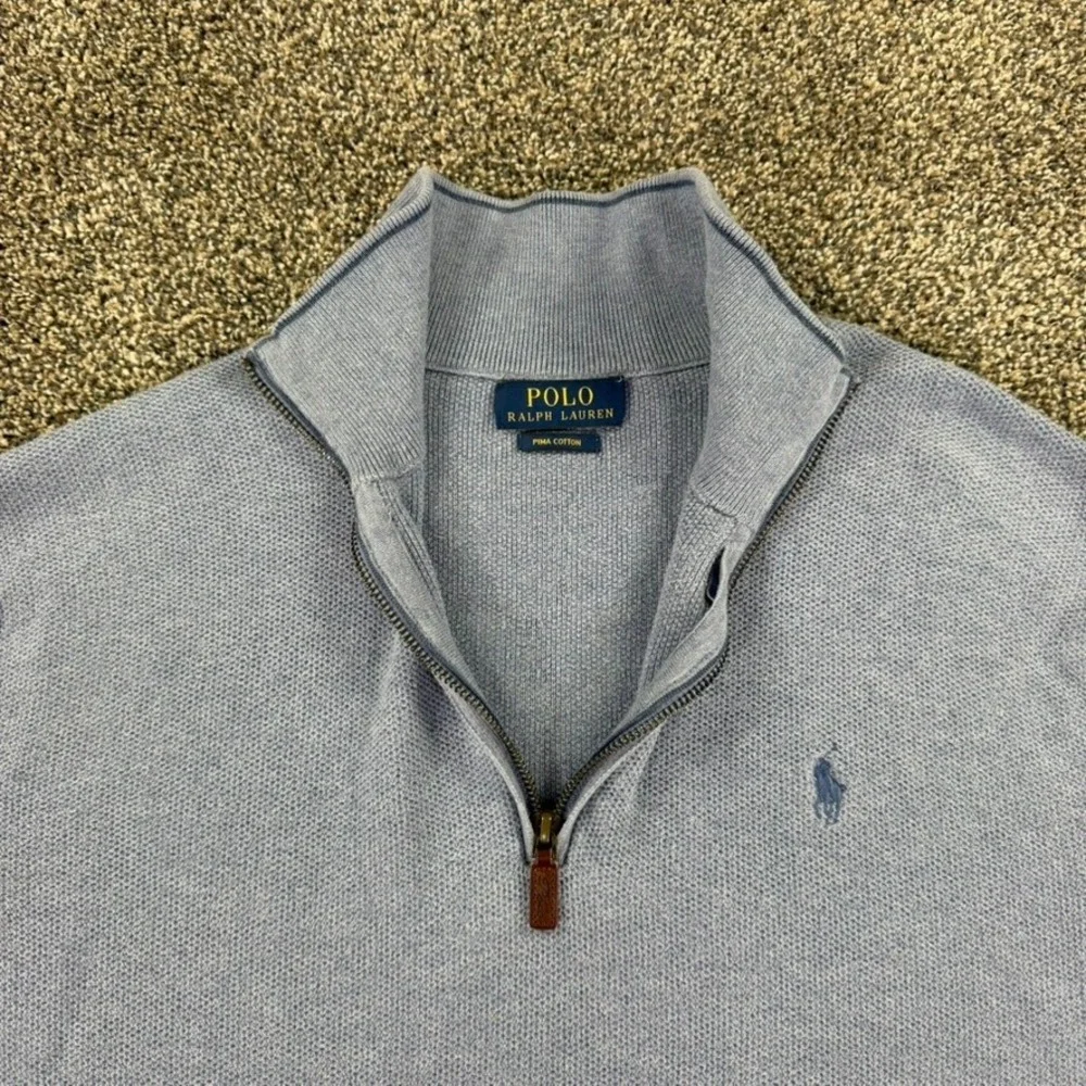 Polo Ralph Lauren Pima Cotton 1/4 Zip Sweater Light Blue Mock Neck Knit Men READ